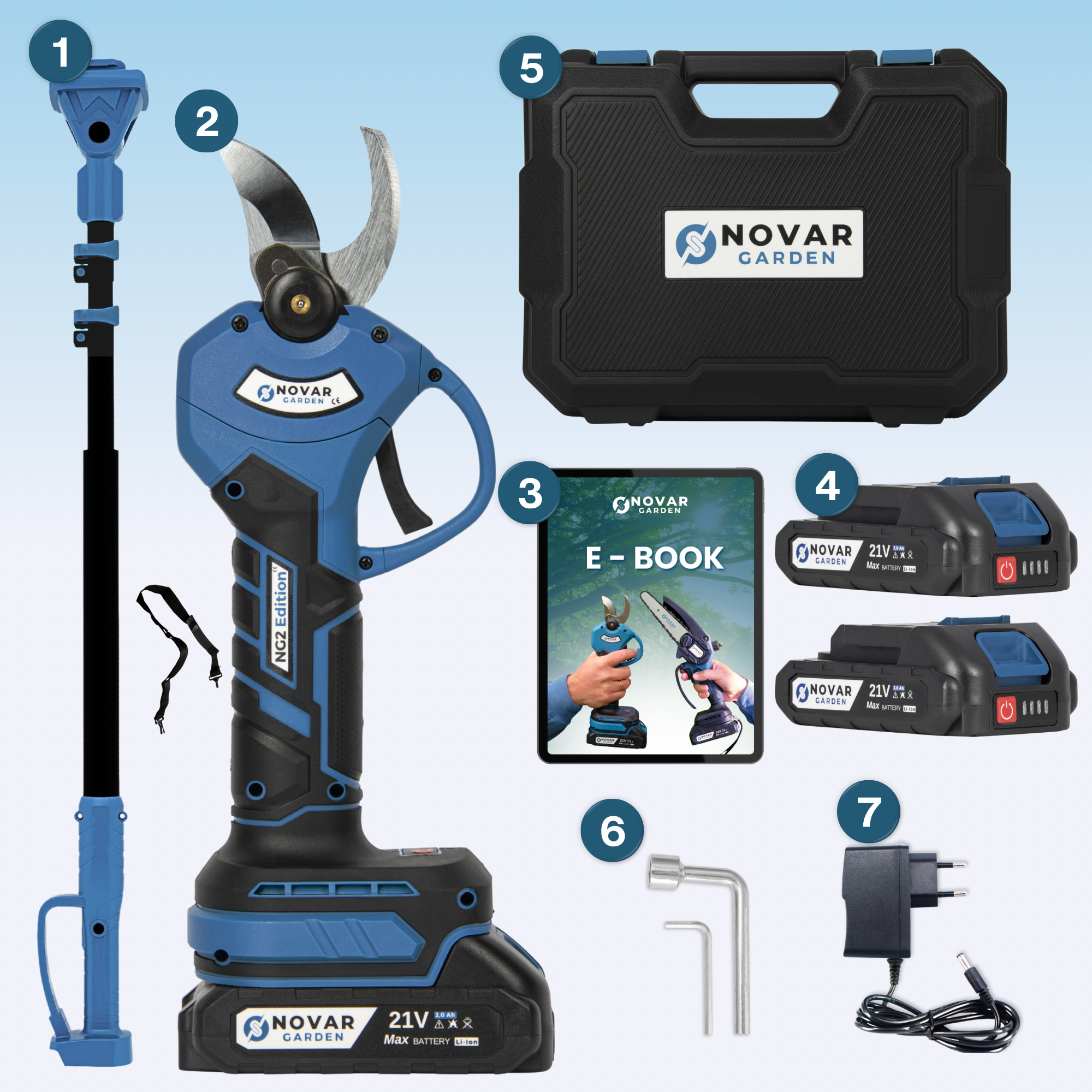 Sécateur télescopique NG2–Avec étui, chargeur et 2 batteries (2, 0 Ah)