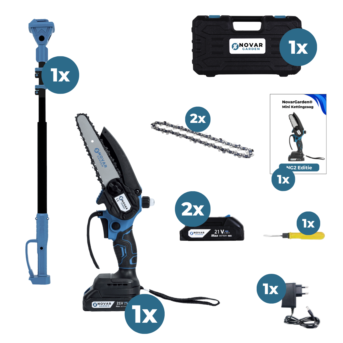 Tronçonneuse télescopique NovarGarden® - Avec Mallette Et 2 Batteries (2.0Ah)